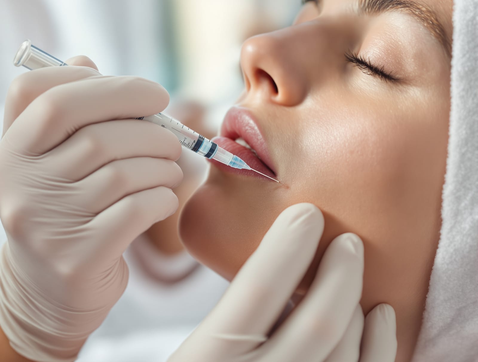 A dermatologist's gloved hands using a very fine syringe to inject a small facial scar near a patient's jaw in a bright clinic