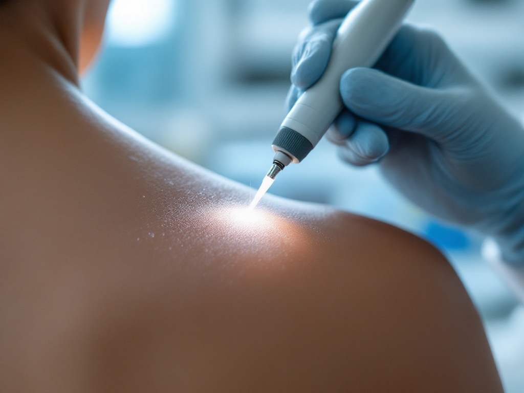 A clinician applying a liquid nitrogen cryotherapy probe to a small raised scar while wearing gloves in a clinic