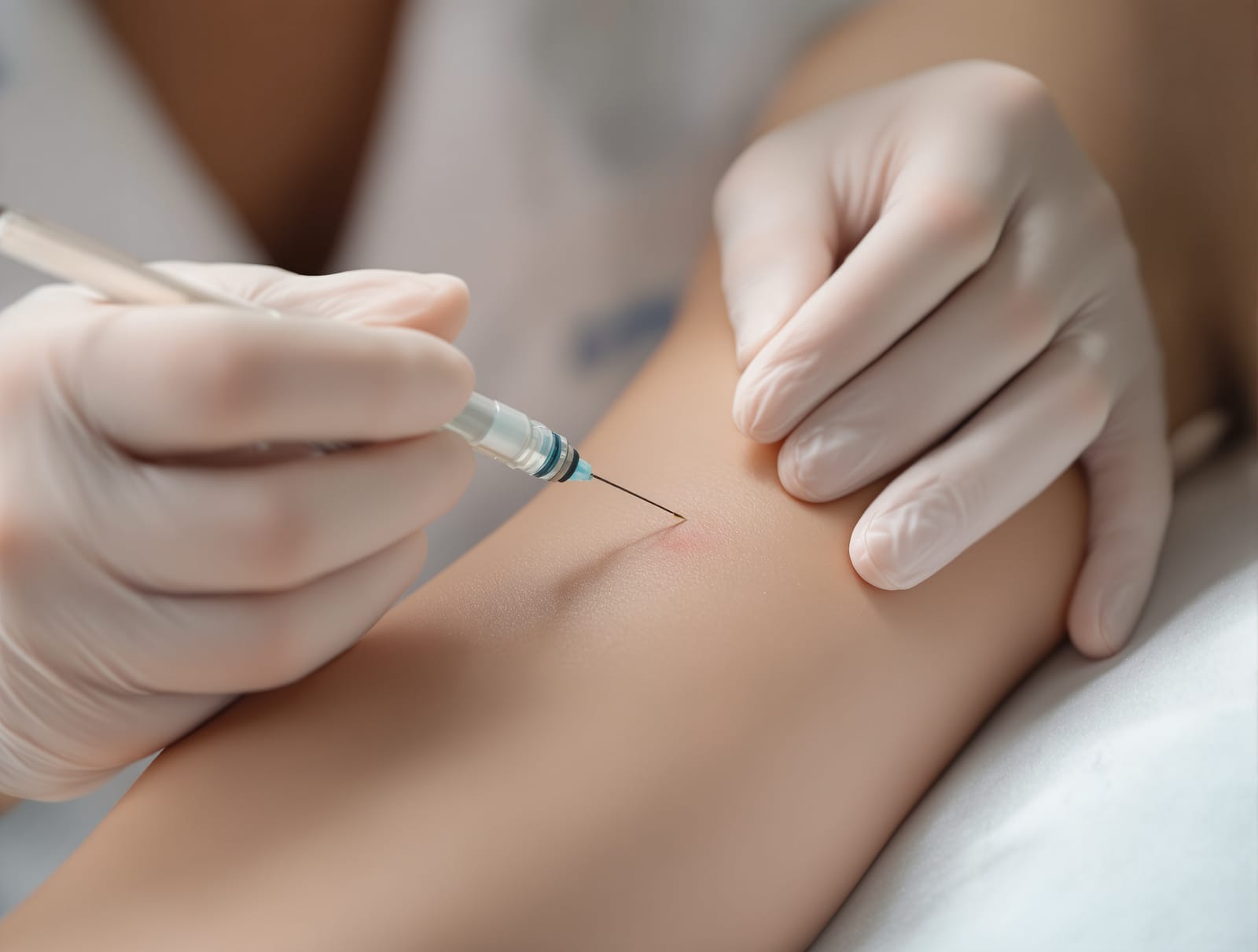 A dermatologist's gloved hands using a fine syringe to inject a small raised scar on a patient's forearm in a bright clinic