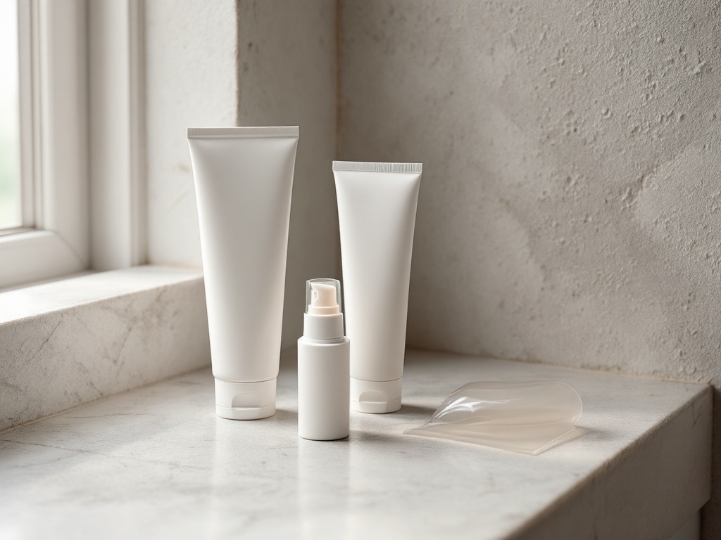 Plain unlabeled scar-care tubes and a sheet of clear medical silicone arranged on a clean light surface in soft daylight