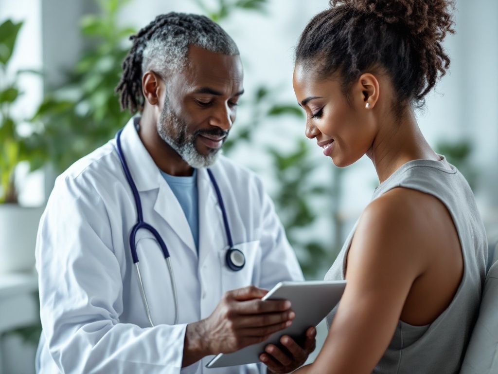 A dermatologist comparing before-and-after notes while examining a patient's healed shoulder scar in soft clinic daylight
