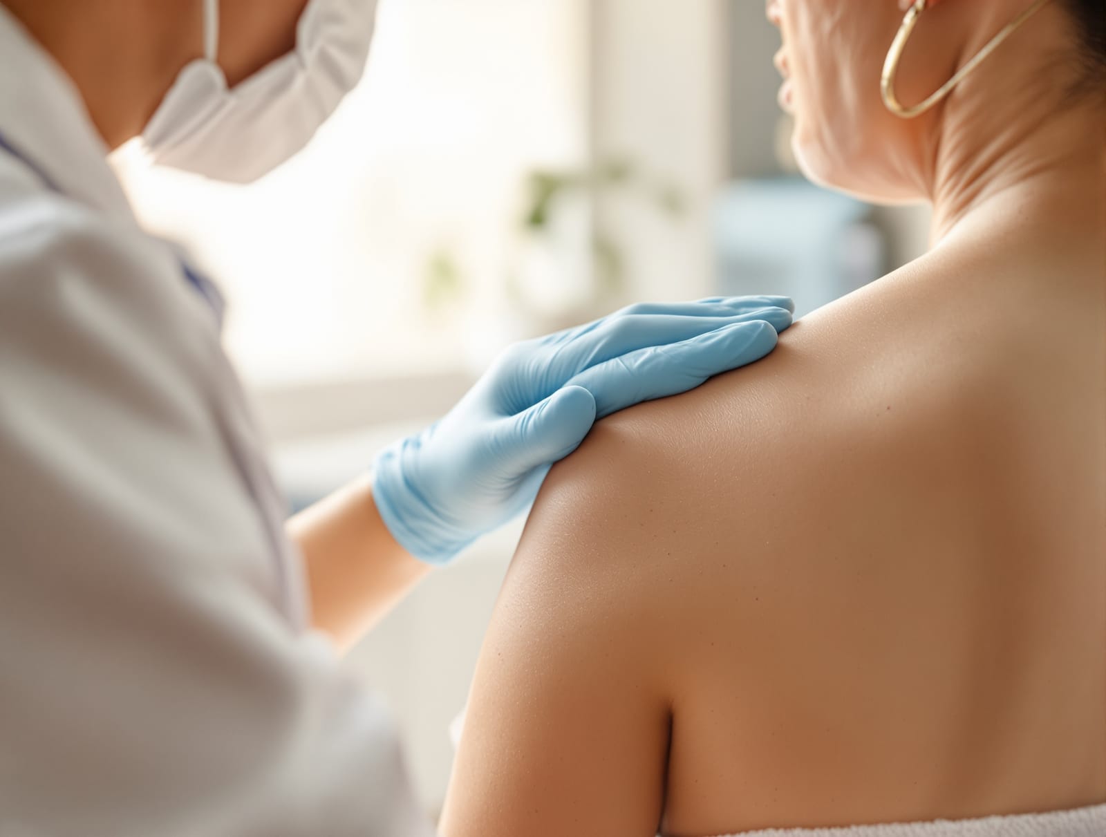 A clinician in a bright consultation room examining a patient's shoulder with a gloved hand, warm natural window light.