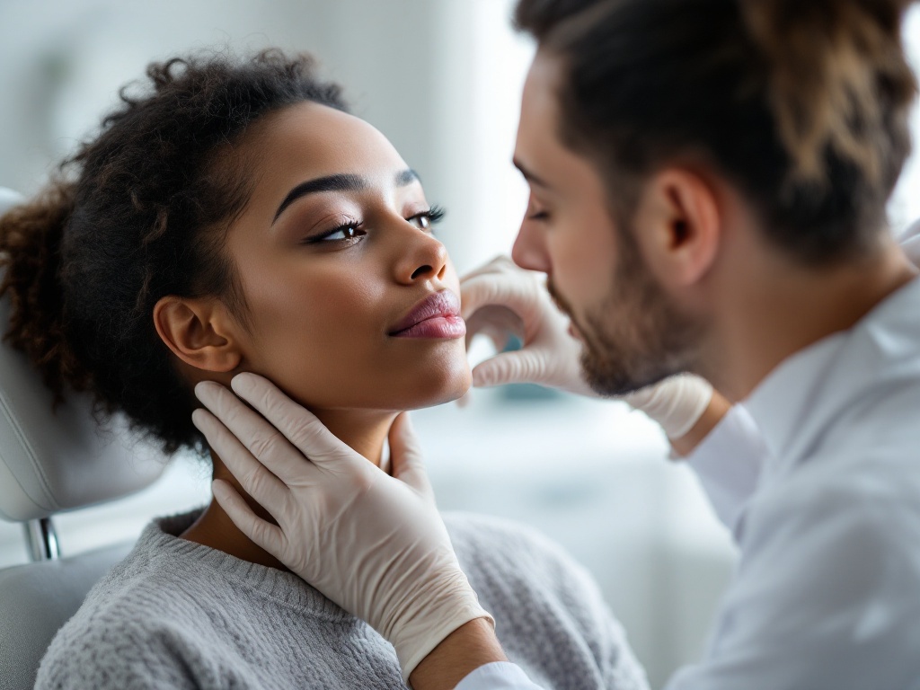 A dermatologist gently examining the jawline of a young adult patient with deeper skin tone in a bright clinic room
