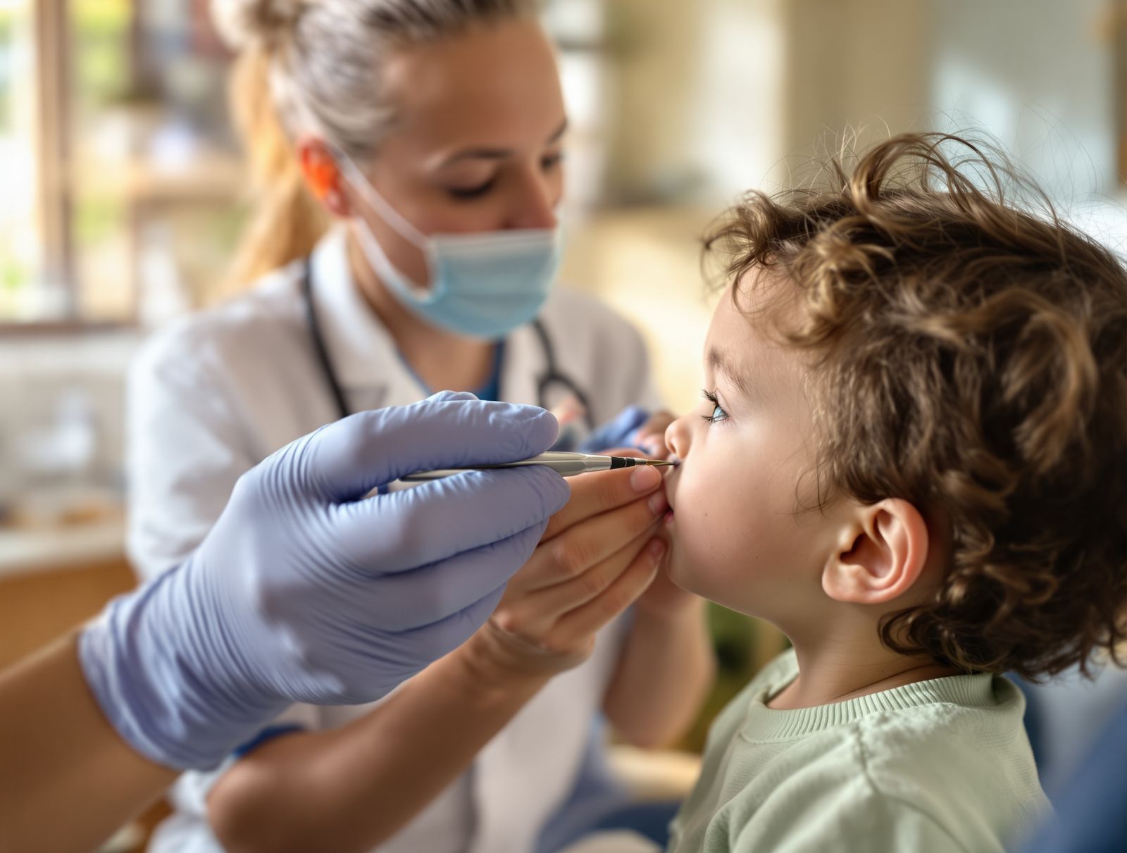 A pediatric dermatologist gently examining a small raised scar on a young child's earlobe in a bright, friendly clinic room in warm daylight
