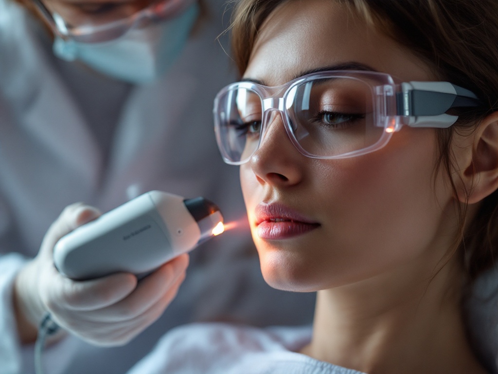 A clinician aiming a handheld vascular laser at a patient's scar while both wear protective eyewear