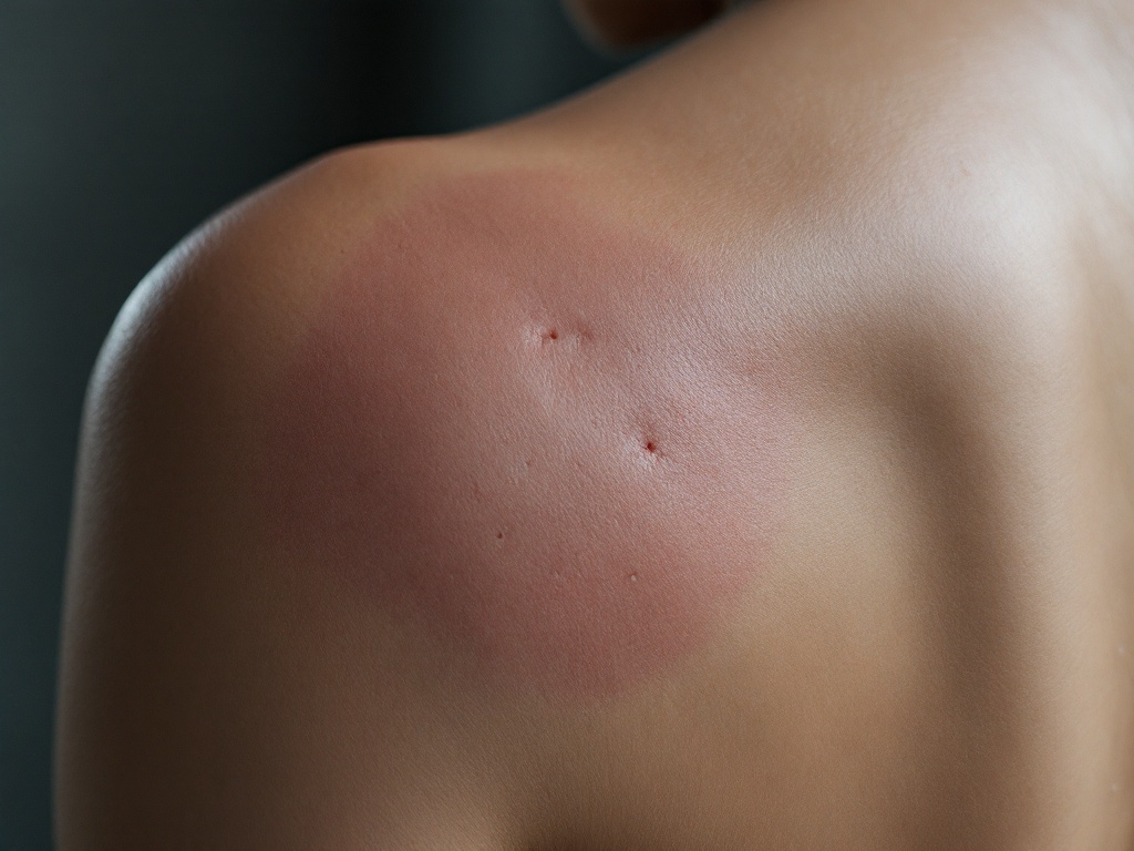 Macro close-up of a smooth raised keloid scar on a person's shoulder in soft daylight